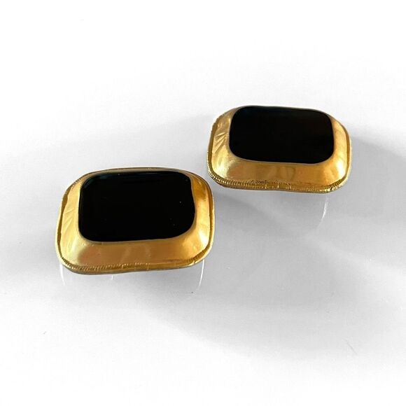 Vintage Anne Klein Couture Matte Gold Black Enamel Earrings - Picture 3 of 6
